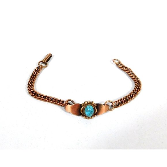 Copper Color Womens Bracelet Curved Center Faux Turquoise Bead 7 - 7 1/8 Inches - Picture 5 of 9